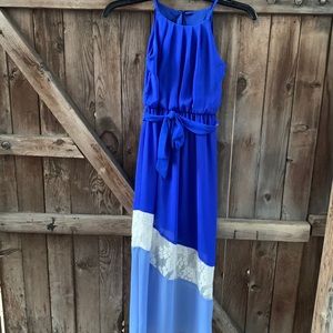 Amy Byer Blue & lace maxi dress with pleated top